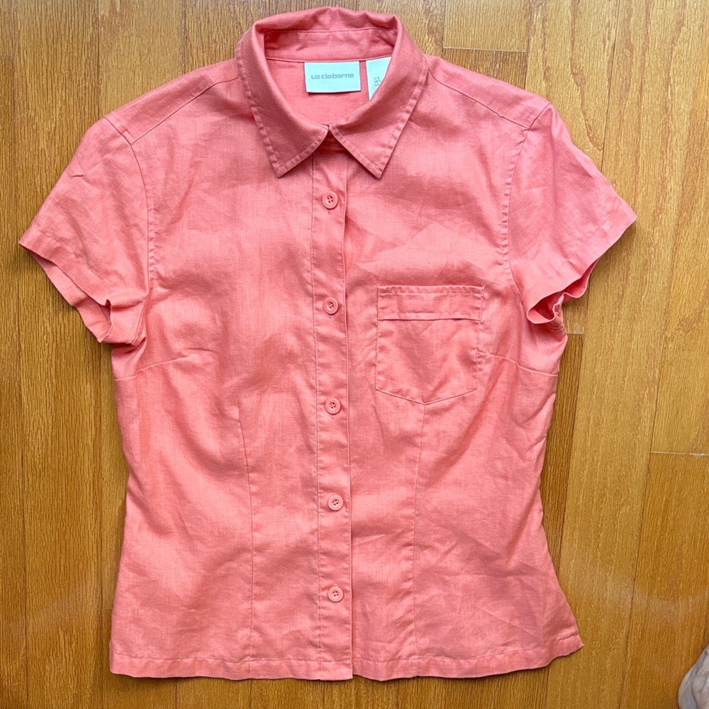 Liz Claiborne Coral-Peach Short Sleeve Button Front Shirt
